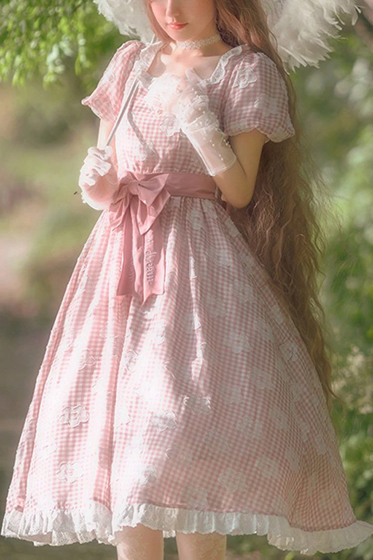 Pink Short Sleeve Floral Print Plaid Pattern Sweet Lolita Dress 3 Pink Short Sleeve Floral Print Plaid Pattern Sweet Lolita Dress