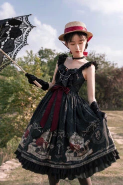 Black Nightingale Rose Print Bowknot Ruffled Strapless Gothic Lolita JSK Dress -LolitaInside 24648f8bec4275f435de85a39cbb2908