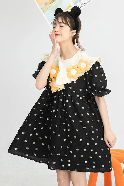 Black Ruffled Splicing Round Collar Bubble Short Sleeves Floral Print High Waisted Sweet Lolita Dress 10 Black Ruffled Splicing Round Collar Bubble Short Sleeves Floral Print High Waisted Sweet Lolita Dress - Image 8