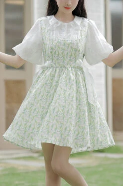 Green Doll Collar Puff Short Sleeve Chiffon Floral Print High Waisted Sweet Lolita Dress