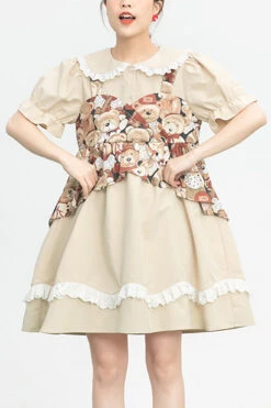 Beige Vintage Doll Collar Bear Print Fake Two Pieces Short Sleeves Sweet Lolita Dress
