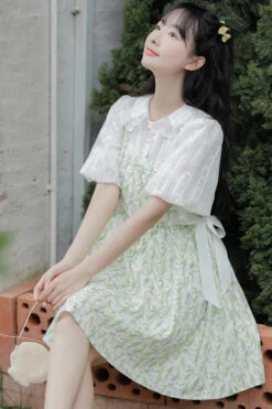 Green Doll Collar Puff Short Sleeve Chiffon Floral Print High Waisted Sweet Lolita Dress -LolitaInside 2504936e596dcd8e55ab5dda3cbd9b7b