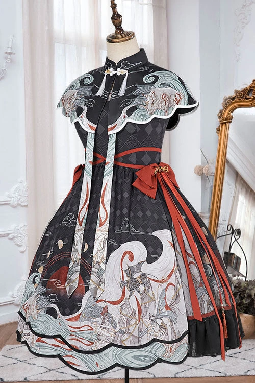 Black Chinese Style Chang'e Flying To The Moon Print Ruffled Classic Lolita OP Dress 9 Black Chinese Style Chang'e Flying To The Moon Print Ruffled Classic Lolita OP Dress - Image 7