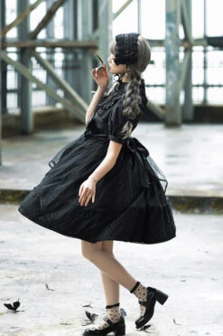 Black Elegant Round Collar Bowknot Short Sleeves High Waisted Gothic Lolita OP Dress -LolitaInside 260091a0f784654f5890c042cabec497