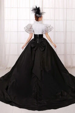 White/Black Stitching Short Sleeves High Waisted Back Zipper Bowknot Victorian Lolita Prom Dress -LolitaInside 263e647bb5af9cf307ebaee1f9e4c55c