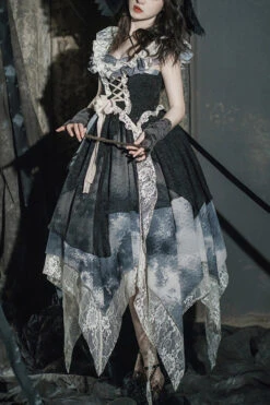 Black Letters And Poems Lace Sleeveless Printed Irregular Gothic Lolita Dress