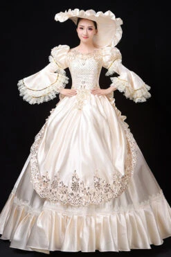 White Court Style High Waisted Flowers Decoration Hime Sleeves Victorian Lolita Prom Dress -LolitaInside 268fc7cf645b5c90a2a110ff05dfb910