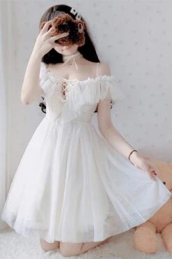 White Boat Neck Sweet Lolita JSK Strapless Dress -LolitaInside 27088c3dcfb17b31432b356ebcf8c196