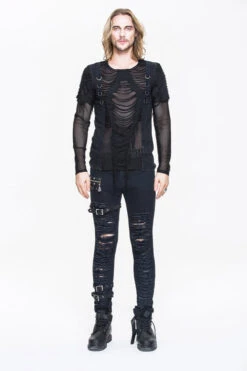 Black Knitted Diamond Mesh Mens Punk T-Shirt With Ribbons -LolitaInside 2798b6112135c6c92005611171664fd7