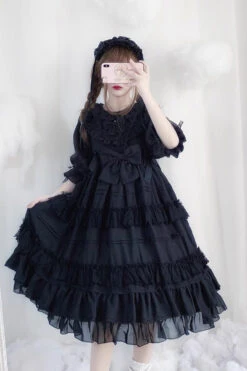 Black Lace Cool Angel Short Sleeves Bowknot Ruffle Gothic Lolita Dress -LolitaInside 27bec2d18c6cc810eb9c18a99d2834f7
