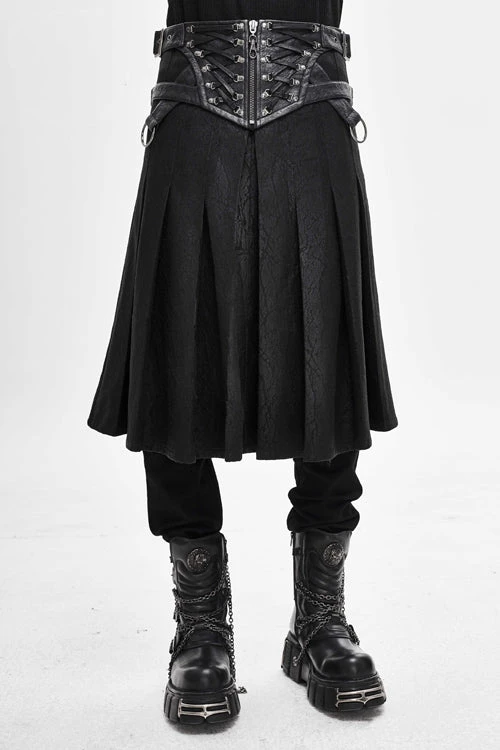 Black Punk Metallic Mist Textured Leather Waistband Grain Pleated Mens Kilts 3 Black Punk Metallic Mist Textured Leather Waistband Grain Pleated Mens Kilts