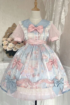 Pink/Blue Doll Collar Short Sleeves Rabbit Candy Paper Print High Waisted Sweet Lolita OP Dress -LolitaInside 27fe51ec4e094c7e113129bda21c63aa