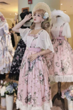 Pink Elegant Vintage French Rose Print Square Collar Ruffled Classic Lolita OP Dress -LolitaInside 28de366211e13093c967bdba4cfbd755