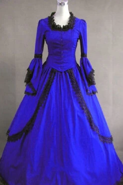Dark Blue Cotton Square Collar Long Sleeves Floor Length Pleats Victorian Gothic Lolita Dress