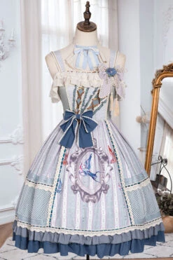 Light Blue Vintage Finches In The Mirror Print Country Style Bowknot Multi-Layer Ruffled Classic Lolita JSK Dress -LolitaInside 29e917b0c473929f5b4aa44b767dd61a