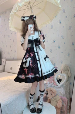 Black/White Navy Collar Short Sleeves Strawberry Bear Print Ruffled Hem Sweet Lolita Dress -LolitaInside 29f92fe0066e33a34f2bf1d64954a714
