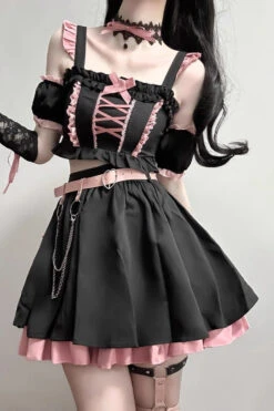 Black/Pink Tie Bow Gothic Sweet Lolita Strapless Skirt Dress 2 Pieces Set