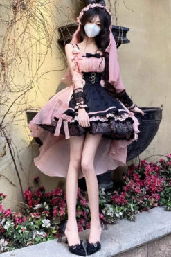 Black/Pink Multi-layer Ruffle Bowknot Sweet Princess Lolita Dress