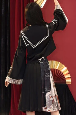 Black Bad Girl Chinese Elements Printed Asymmetric Pleated Skirt Full Set Of Classic Lolita Dress -LolitaInside 2a7edee6a6ed78f75efbeb08afb2be57