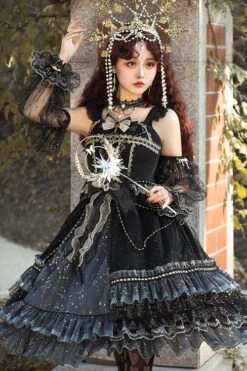 Black Starry Night Square Collar Bowknot Multi-Layer Ruffled Cardigan Gothic Lolita JSK Dress With Detached Sleeves -LolitaInside 2ad994ce727b7c9b07fc6426b127dd86