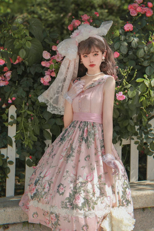 Pink Elegant Vintage French Rose Floral Print V Collar Sleeveless Ruffled Classic Lolita JSK Dress 5 Pink Elegant Vintage French Rose Floral Print V Collar Sleeveless Ruffled Classic Lolita JSK Dress - Image 3