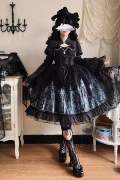 Black Sleeveless Church Of Silent Night Print Ruffle Gothic Lolita Jsk Dress -LolitaInside 2af5d0aeb85d17391f0bdb6502e88184