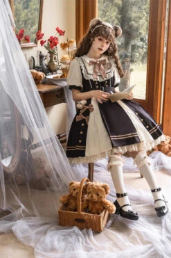 Black/White Chocolate Workshop Short Version Elegant Short Puff Sleeves Sweet Lolita Dress -LolitaInside 2b1116fe382183cc2144b041ba18b128