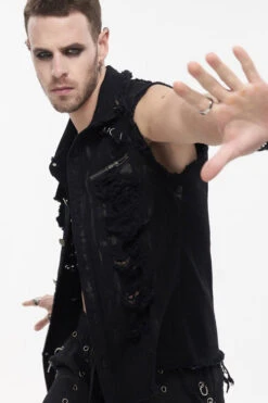 Black Punk Standing Collar Irregular Hand-Painted Sleeveless Metal Decoration Tattered Men's Shirt -LolitaInside 2b2e9bb66087206ee17a97bb3d5c578b