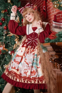 Wine Christmas Bear Print Long Sleeves High Waisted Bowknot Ruffled Sweet Lolita Op Dress -LolitaInside 2b6ab5c0a148d96a53f183e4b05b0196