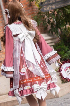 Dark Red Cat Print Chinese Style Bowknot Ruffled High Waisted Long Trumpet Sleeves Sweet Lolita OP Dress -LolitaInside 2bddbfa243eb79961bffa7eebfdcf65f