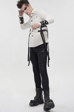 White Punk Nylon Strap Metal Buckle Decoration Long Sleeve Elasticity Thick Men's Shirt -LolitaInside 2c4d110115ac10450e3497ec323e7de0