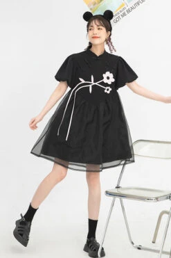 Black Stand Collar Lantern Short Sleeves Floral Print Organza Panel Sweet Lolita Dress -LolitaInside 2c5b1343acb1c4e2332c96bbecfcc35f