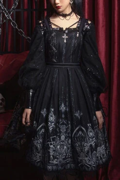 Dark Black Eye Of Red Heart Print Square Collar Cross High Waisted Gothic Lolita Jsk Dress