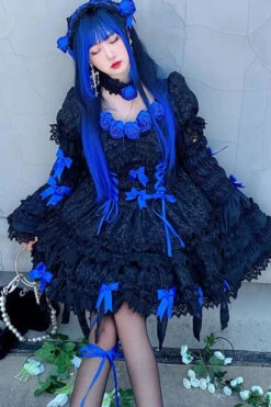 Black/Blue Puff Short Sleeves Princess Gothic Lolita Tiered Dress 15 Black/Blue Puff Short Sleeves Princess Gothic Lolita Tiered Dress -LolitaInside 2ca7ac7a36baaf2f2e9b12f76aad818f