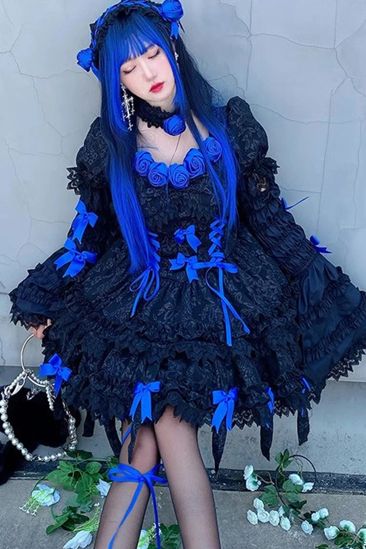 Black/Blue Puff Short Sleeves Princess Gothic Lolita Tiered Dress 8 Black/Blue Puff Short Sleeves Princess Gothic Lolita Tiered Dress - Image 6