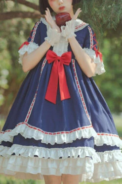 Dark Blue Short Sleeves Hime Sleeves Bowknot Multi-Layer Classic Lolita Jsk Dress