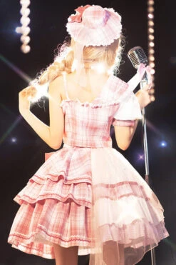Pink Chest Bowknot One Shoulder Sleeves Plaid Print Suit Sweet Lolita Dress -LolitaInside 2e3145c860e36d1fc7570db12f62f17b