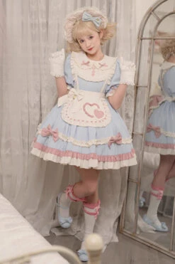 Blue Short Puff Sleeves Ruffle Bowknot Maid Sweet Princess Lolita Dress -LolitaInside 2e65ad3330b95c68c26b21d95f045b06