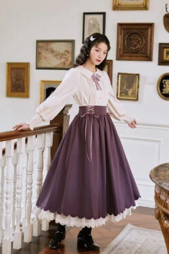 Solid Color High Waisted Lace Wave Hem Two Pieces Classic Lolita Dress -LolitaInside 2ea29d9696187326d6f2c774d099c663