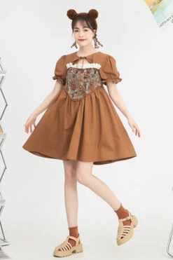 Brown Tie Neck Bear Print Jacquard Panel Bubble Short Sleeves High Waisted Sweet Lolita Dress -LolitaInside 2ea2e06b0649c01f550a3573775f7051