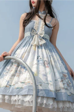 Blue Chinese Mythology Print High Waist Lace Trim Sweet Lolita JSK Dress -LolitaInside 2ec1f7a81cc7957d79697a1181e56359