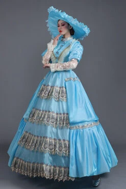 Blue High Waisted Lace Stitching Hollow Embroidery Floral Print Victorian Lolita Prom Dress -LolitaInside 2ee107e941b6fb04ffa3cd38432fe1f3