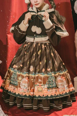 Brown Christmas Gift Print Long Sleeve Sweet Lolita OP Dress