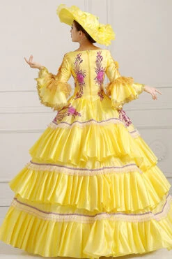 Yellow Half Sleeves Hime Sleeves High Waisted Lace Stitching Hollow Embroidery Floral Print Multi-Layer Victorian Lolita Prom Dress -LolitaInside 2effbb38286c013f44d4435f058a377d