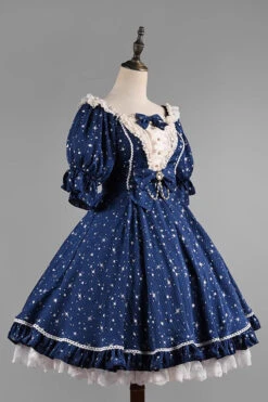 Midsummer Galaxy Shiny Star Print Short Sleeves Ruffle Bowknot Sweet Lolita OP Dress -LolitaInside 304ed59fd190acebb5ee70d67a55ce42