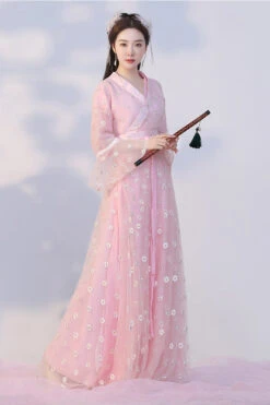 Pink Sunflower Embroidered Trumpet Sleeves Sweet Hanfu Dress -LolitaInside 3075b3bcf32883b91ebcb7524b86b562