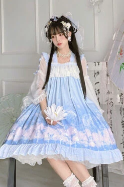 Blue Marine Jellyfish Print Bowknot Long Sleeves Ruffled Chinese Style Sweet Lolita Dress -LolitaInside 307cdb2d9f041b056c2f2f8a69fc014d