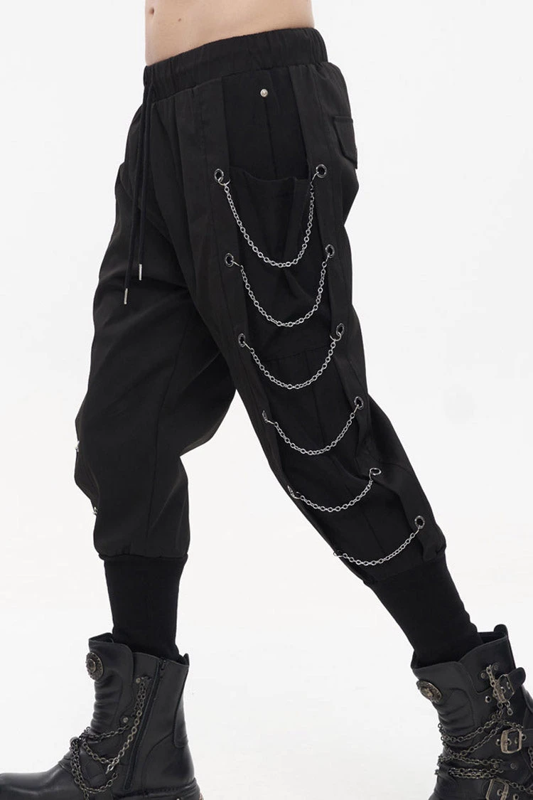 Black Punk Big Pocket Symmetrical Metal Chain Harem Men's Pants 4 Black Punk Big Pocket Symmetrical Metal Chain Harem Men's Pants - Image 3