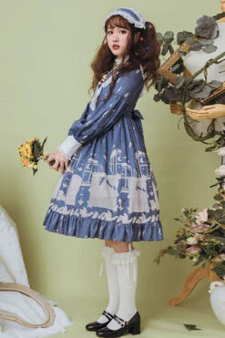 Dark Blue Classical Alarm Clock Print Long Sleeve Bowknot Sweet Lolita Op Dress -LolitaInside 31a7acaffe402a333ef86d28cb850f9e