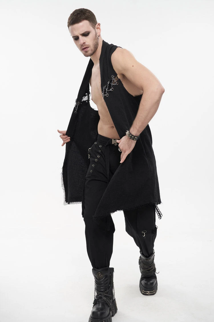 Black Aluminum Chain Stitching Design Distressed Cotton Linen All Seasons Men's Punk Vest 6 Black Aluminum Chain Stitching Design Distressed Cotton Linen All Seasons Men's Punk Vest - Image 4